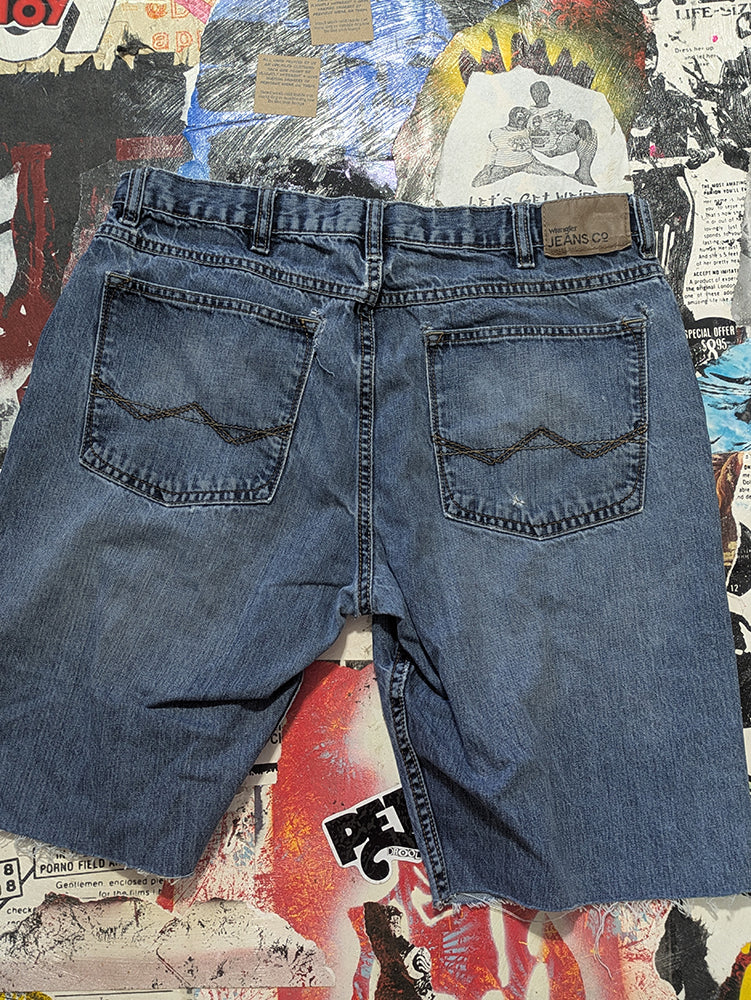 FOMO Collection - Wrangler Ridin Dirty Denim Jorts  - waist = 34" - 13812