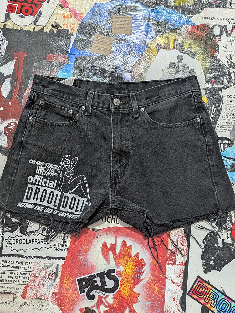 FOMO Collection - Levi 505 Drool Doll Raw Cut Denim Shorts  - Waist = 33" - 13835