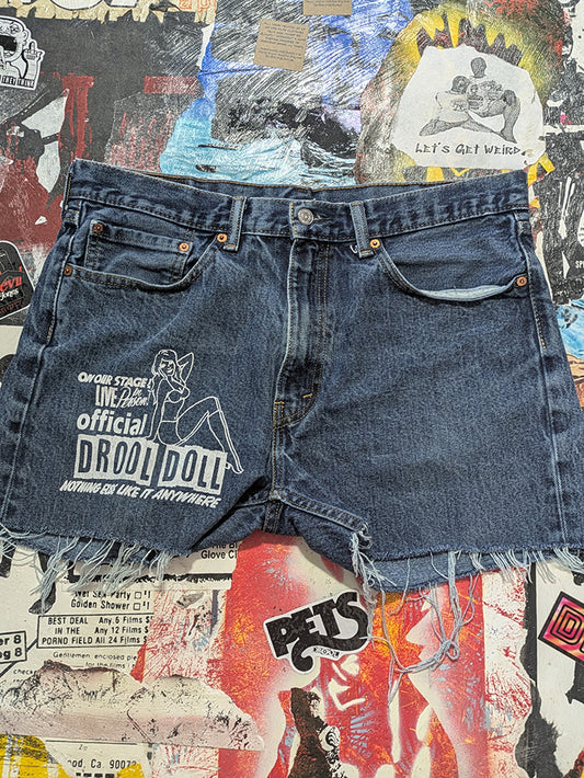 FOMO Collection - Levi 505 Drool Doll Raw Cut Denim Shorts  - Waist = 38" - 13837