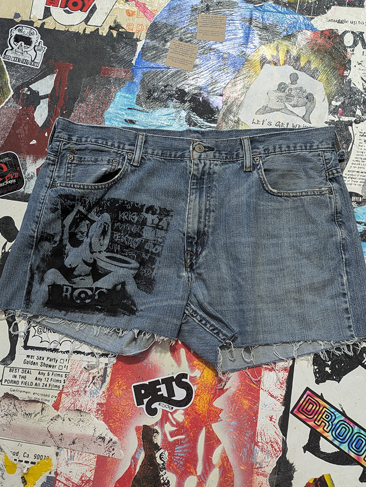 FOMO Collection - DISTRESSED Levi 569 Double Down Raw Cut Denim Shorts  - Waist = 36" - 13838