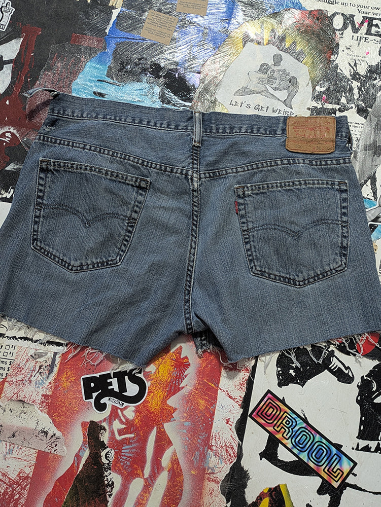 FOMO Collection - DISTRESSED Levi 569 Double Down Raw Cut Denim Shorts  - Waist = 36" - 13838