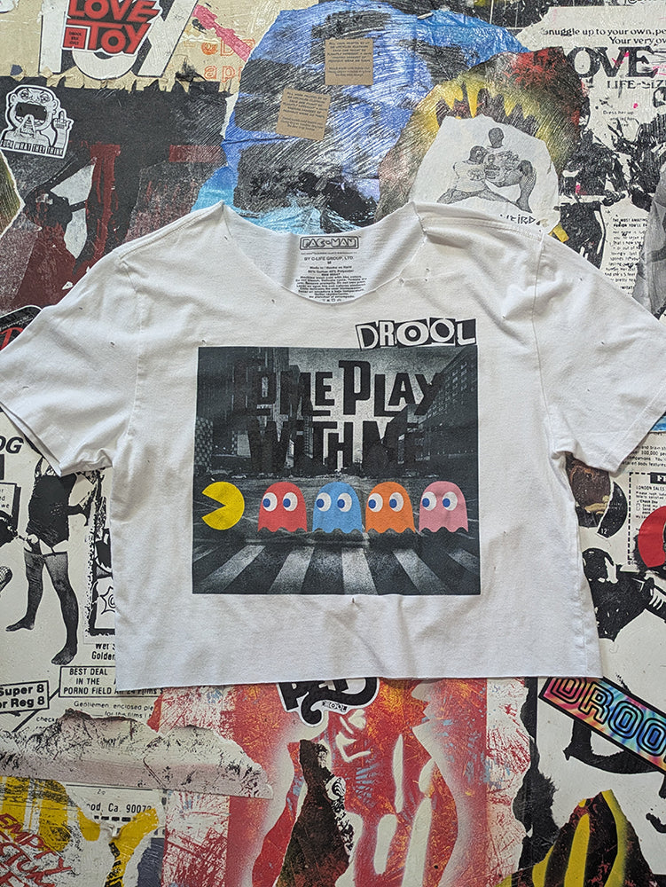 FOMO Collection - DISTRESSED Pacman Come Play With Me Raw Cut Crop Top  - M - 14020