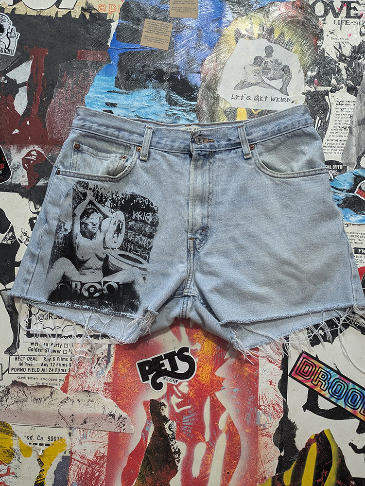 FOMO Collection - Levi 505 Double Down Raw Cut Denim Shorts  - M/L(Waist = 34") - 14034