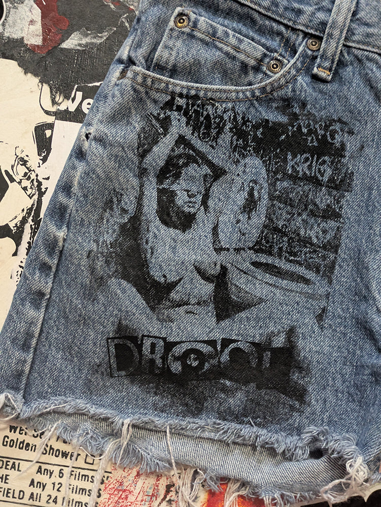 FOMO Collection - Wrangler Double Down Raw Cut Denim Shorts  - S/M(Waist = 30") - 14035