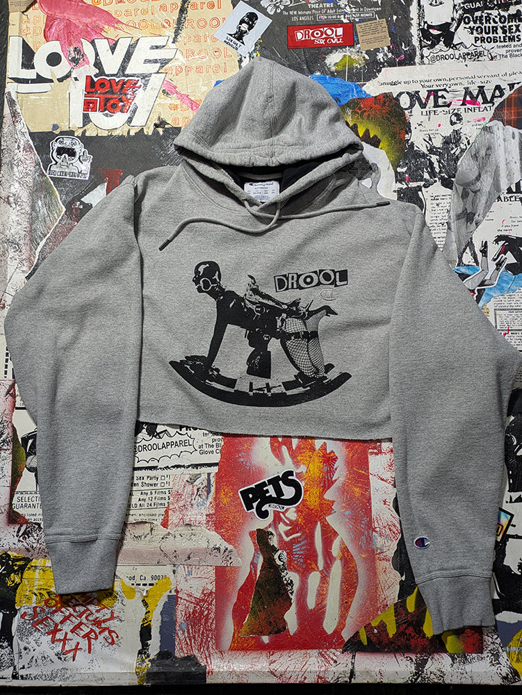 FOMO Collection - DISTRESSED Champion Rubber Pony Raw Cut Crop Top Hoodie  - 2XL - 14326