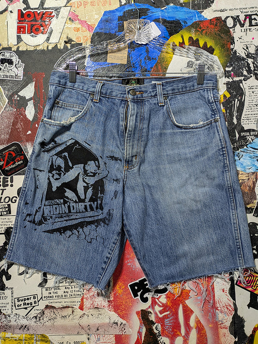 FOMO Collection - DISTRESSED Red Head Ridin Dirty Raw Cut  Denim Jorts  - M/L(Waist = 34") - 14331