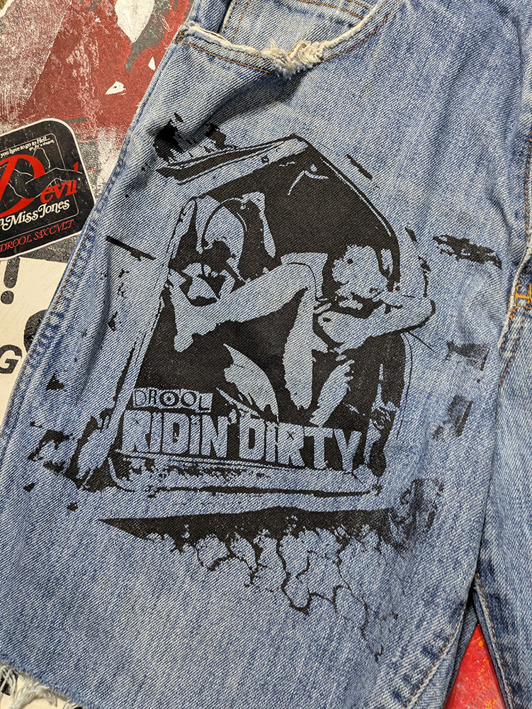FOMO Collection - DISTRESSED Red Head Ridin Dirty Raw Cut  Denim Jorts  - M/L(Waist = 34") - 14331