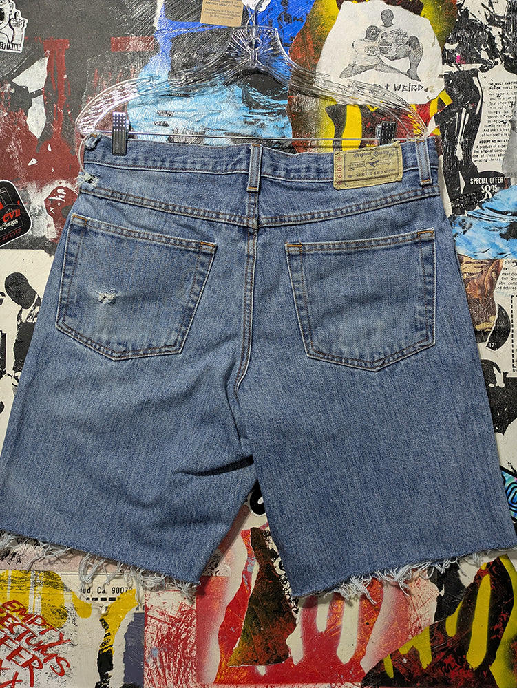 FOMO Collection - DISTRESSED Red Head Ridin Dirty Raw Cut  Denim Jorts  - M/L(Waist = 34") - 14331