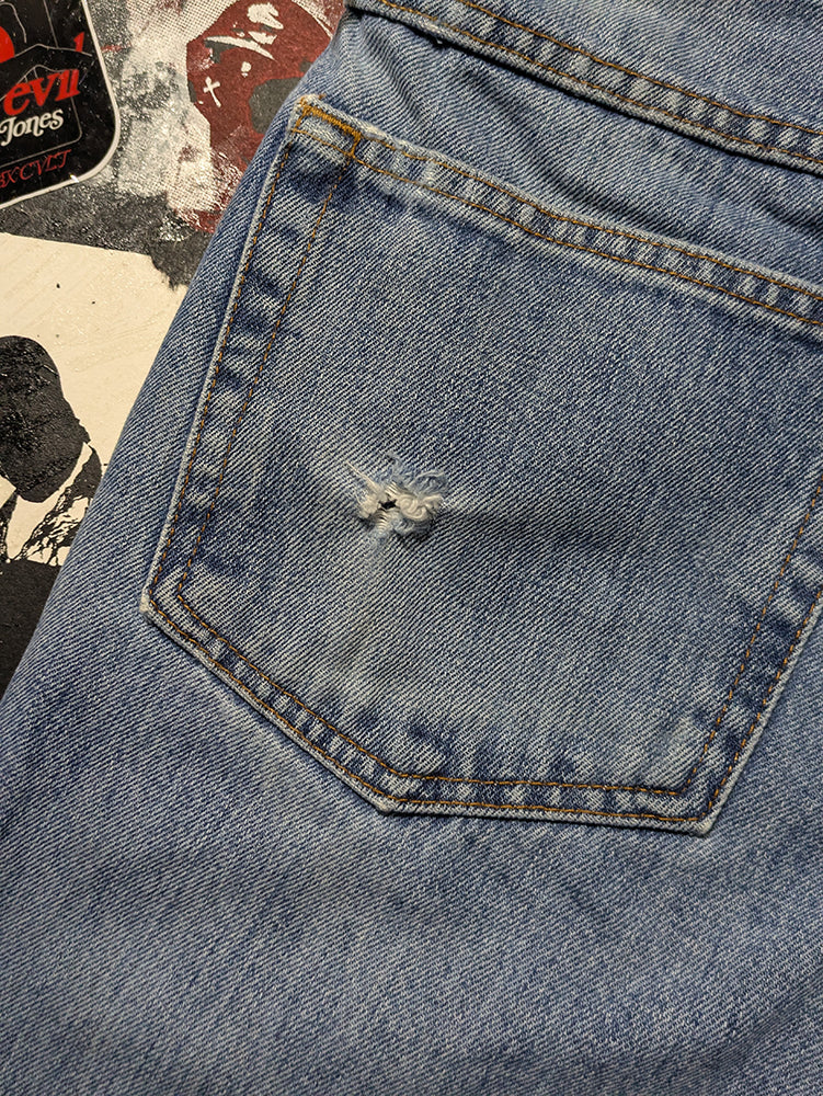 FOMO Collection - DISTRESSED Red Head Ridin Dirty Raw Cut  Denim Jorts  - M/L(Waist = 34") - 14331