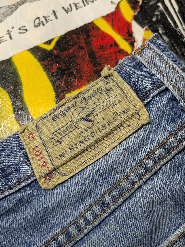 FOMO Collection - DISTRESSED Red Head Ridin Dirty Raw Cut  Denim Jorts  - M/L(Waist = 34") - 14331