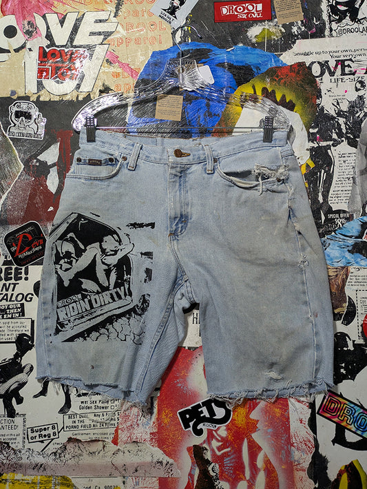 FOMO Collection - DISTRESSED Riders Ridin Dirty Raw Cut  Denim Jorts  - M(Waist = 32") - 14330