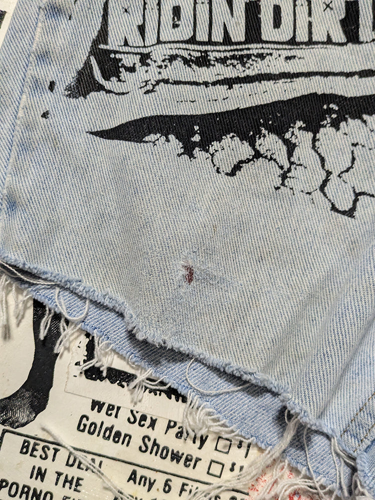 FOMO Collection - DISTRESSED Riders Ridin Dirty Raw Cut  Denim Jorts  - M(Waist = 32") - 14330