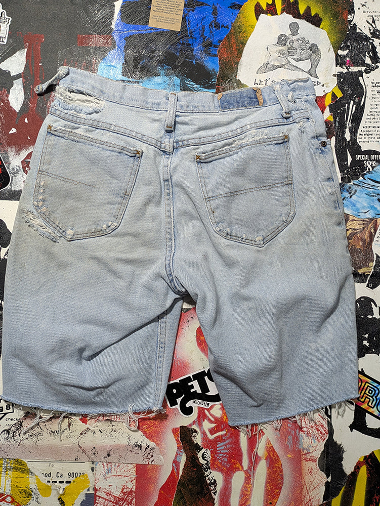 FOMO Collection - DISTRESSED Riders Ridin Dirty Raw Cut  Denim Jorts  - M(Waist = 32") - 14330