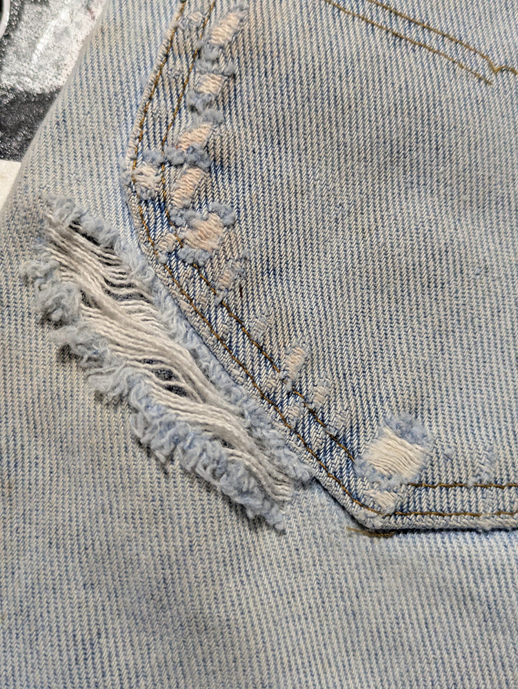 FOMO Collection - DISTRESSED Riders Ridin Dirty Raw Cut  Denim Jorts  - M(Waist = 32") - 14330