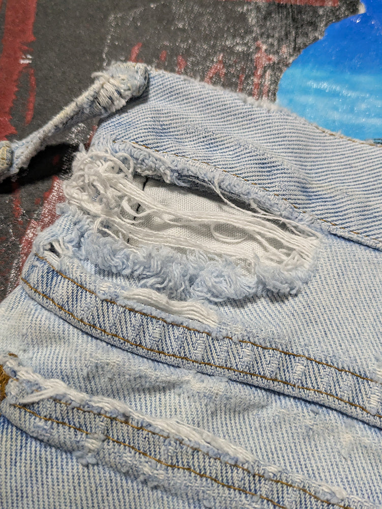 FOMO Collection - DISTRESSED Riders Ridin Dirty Raw Cut  Denim Jorts  - M(Waist = 32") - 14330