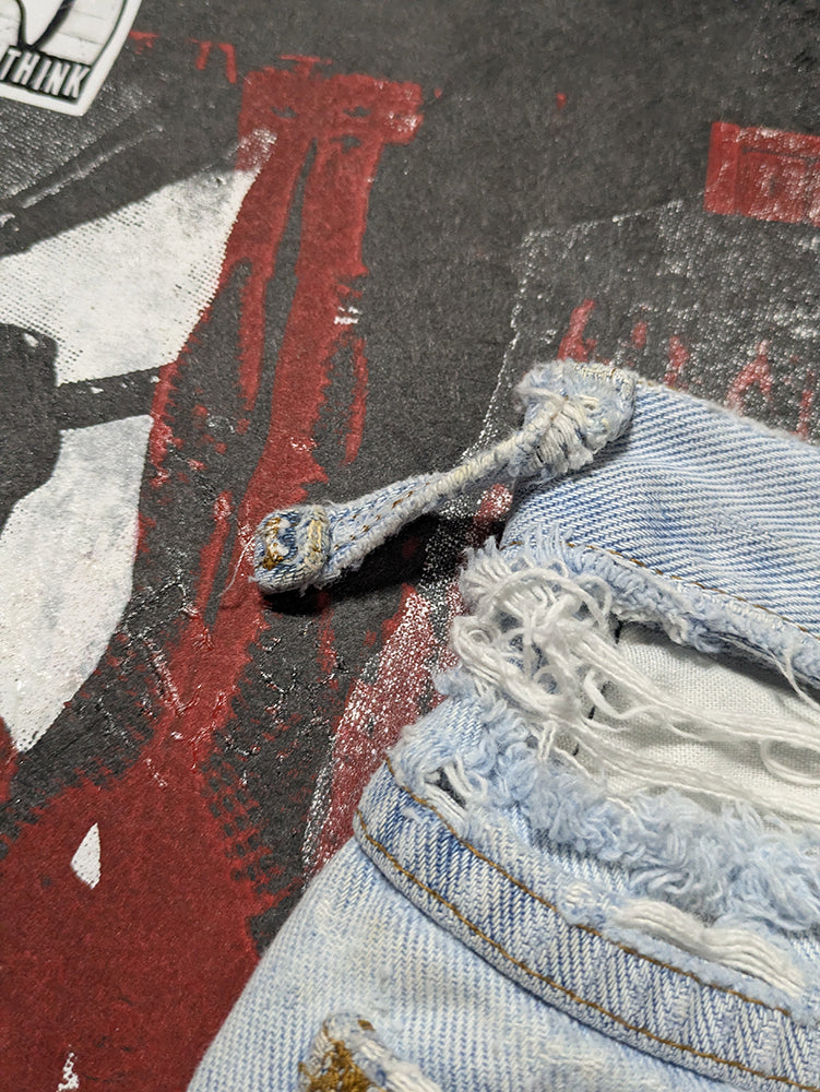 FOMO Collection - DISTRESSED Riders Ridin Dirty Raw Cut  Denim Jorts  - M(Waist = 32") - 14330