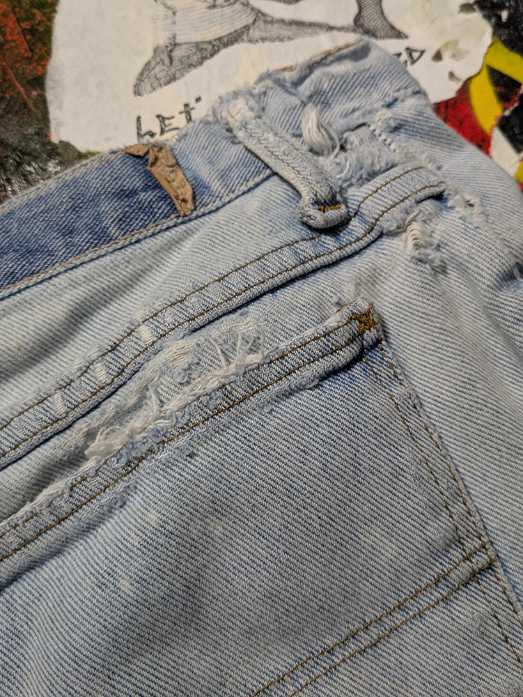FOMO Collection - DISTRESSED Riders Ridin Dirty Raw Cut  Denim Jorts  - M(Waist = 32") - 14330