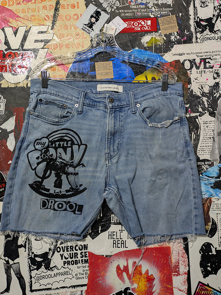 FOMO Collection - DISTRESSED Calvin Klein My Little Pony Raw Cut  Denim Jorts  - L(Waist = 34") - 14328