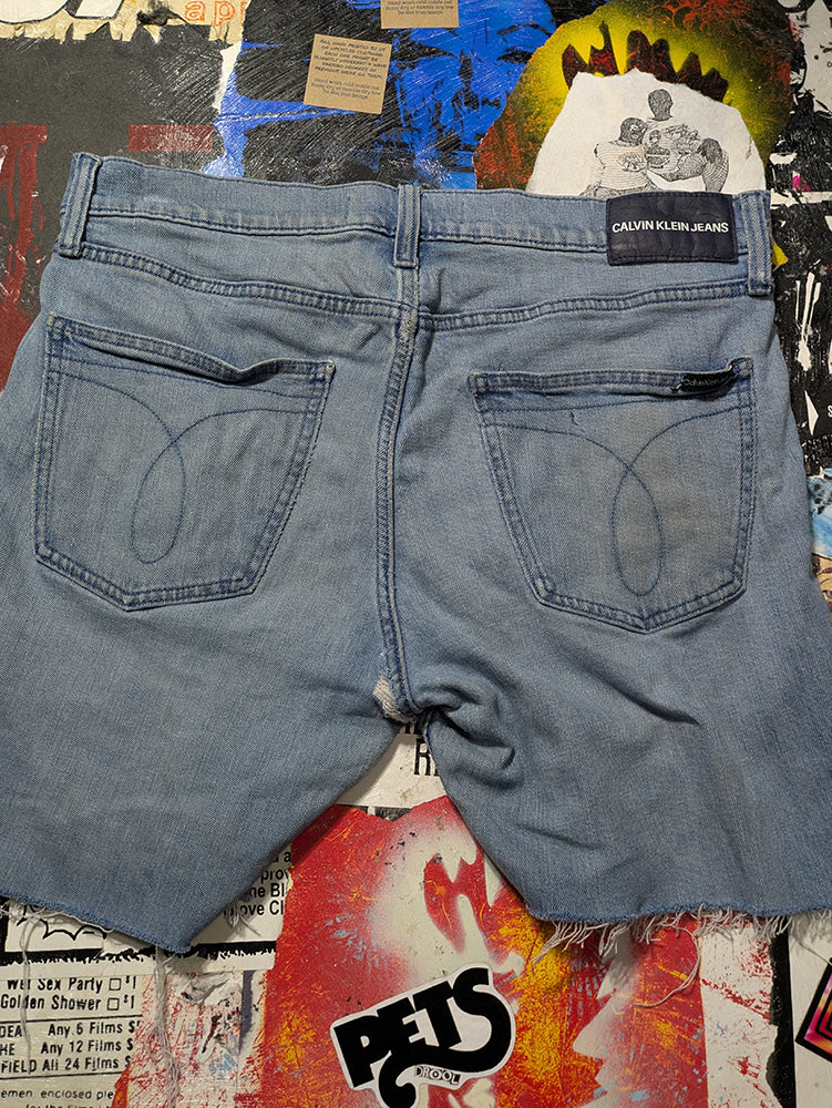 FOMO Collection - DISTRESSED Calvin Klein My Little Pony Raw Cut  Denim Jorts  - L(Waist = 34") - 14328